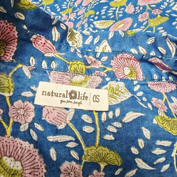 Natural Life Shirt Oversized One Size Blue Kelly Stamped India Floral Button Up - Picture 6 of 7
